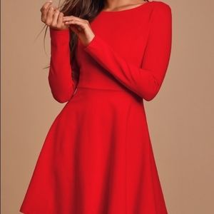 Lulus Red Long Sleeved Skater Dress
